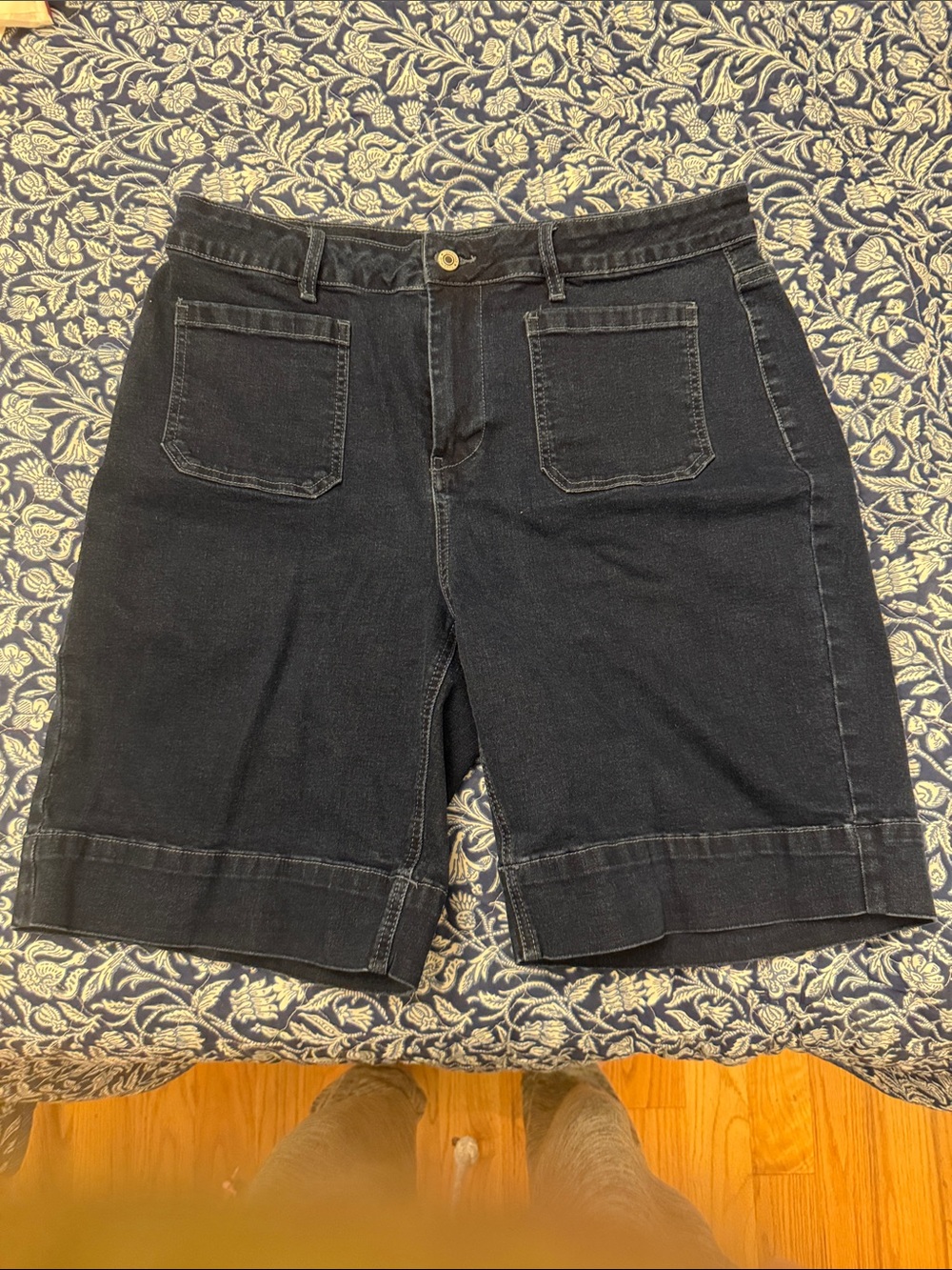 Women's Blue Denim Bermuda Shorts with Front Patch Pockets